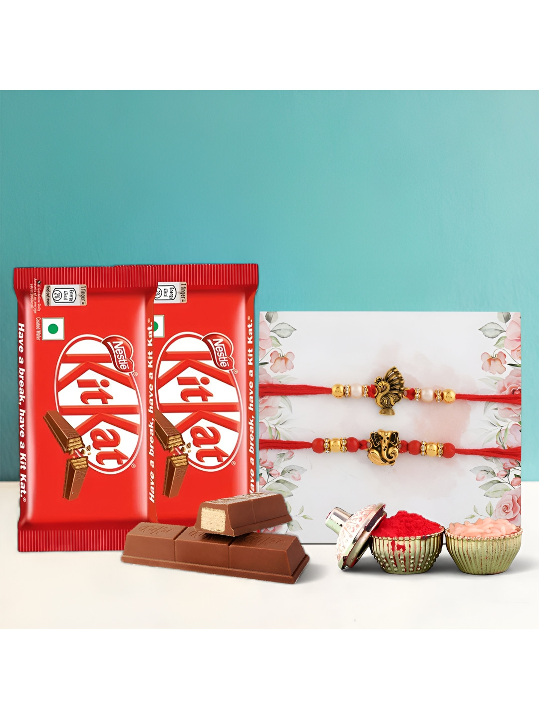 

Ascension Set of 2 Beaded Rakhi With Kitkat Chocolates & Greeting Card With Roli Chawal, Red