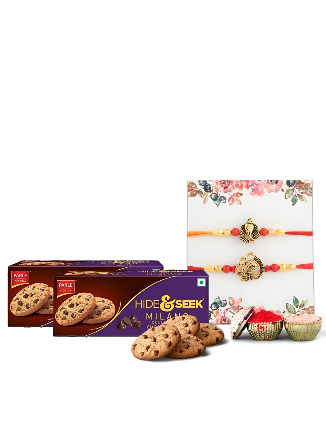 

Ascension Set Of 2 Rakhis With Milano Cookies With Rholi Chawal, Purple