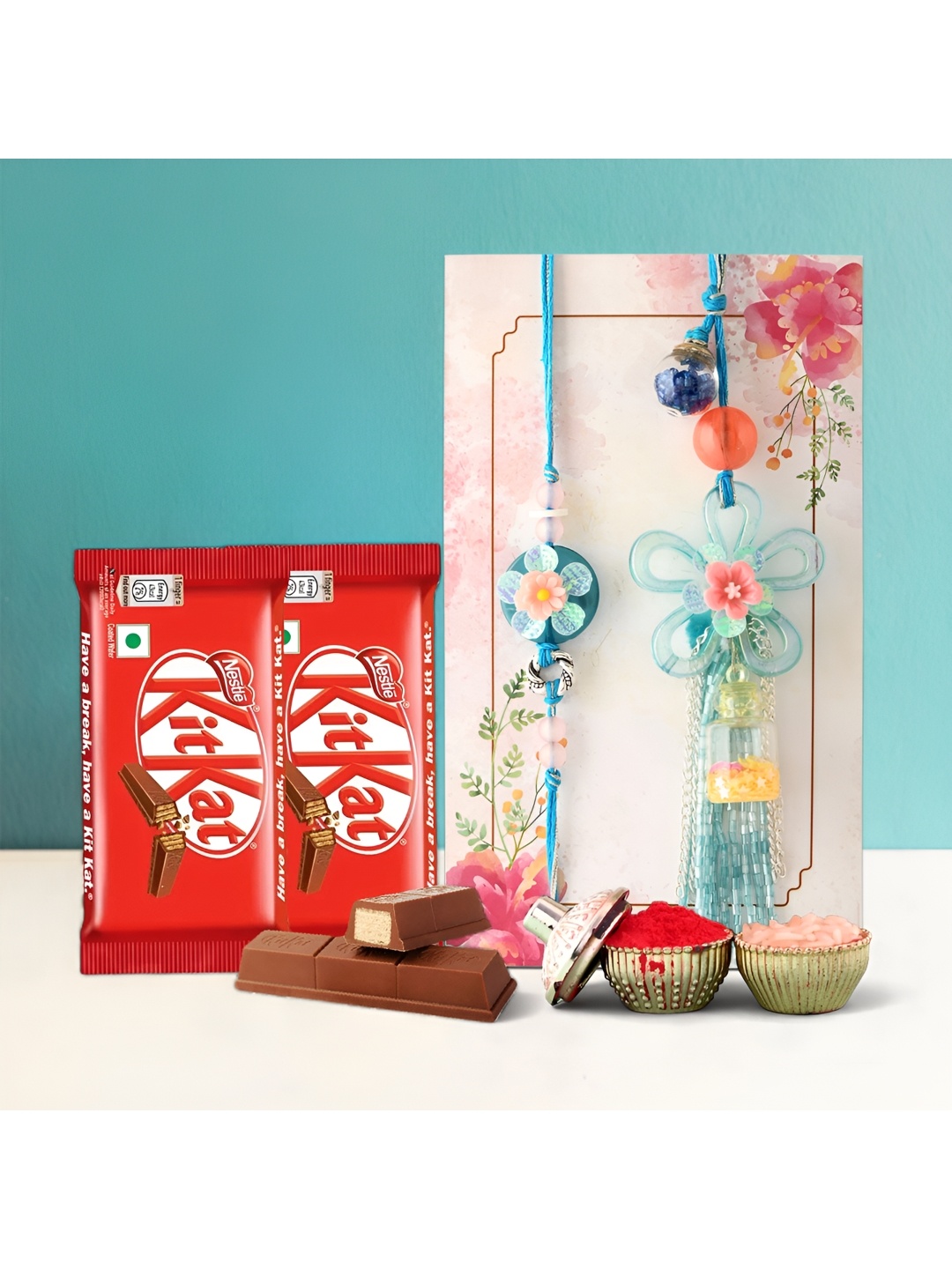 

Ascension Bhaiya Bhabhi Rakhi With Kitkat Chocolates & Roli Tilak, Red