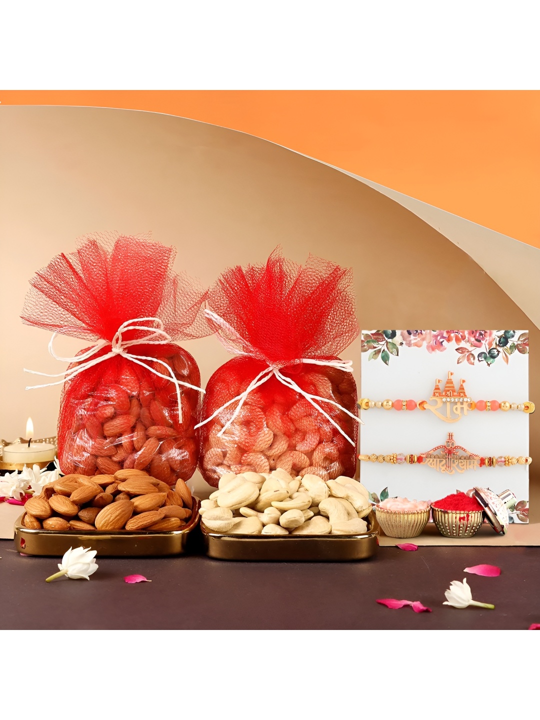 

Ascension Set Of 2 Bhaiya Bhabhi Rakhis With Dry Fruits With Rholi Chawal - 200gm, White