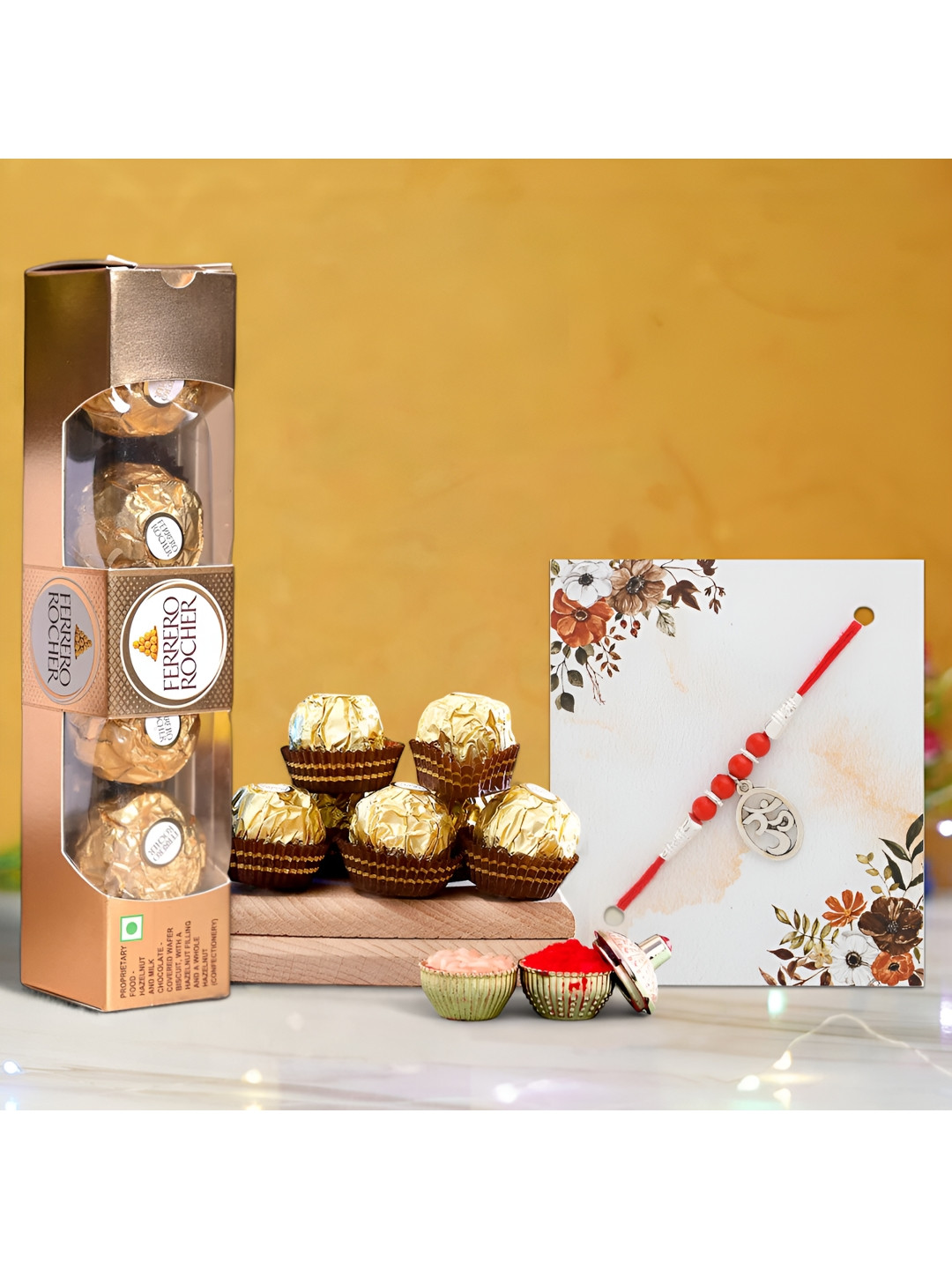 

Ascension Beaded Rakhi With Ferrero Rocher Chocolate & Rholi Chawal, White