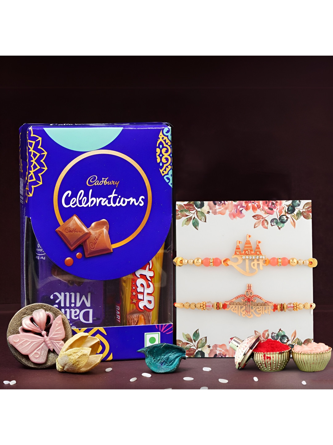 

Ascension Set of 2 Rakhi With Celebration Chocolates & Greeting Card With Roli Chawal, Gold