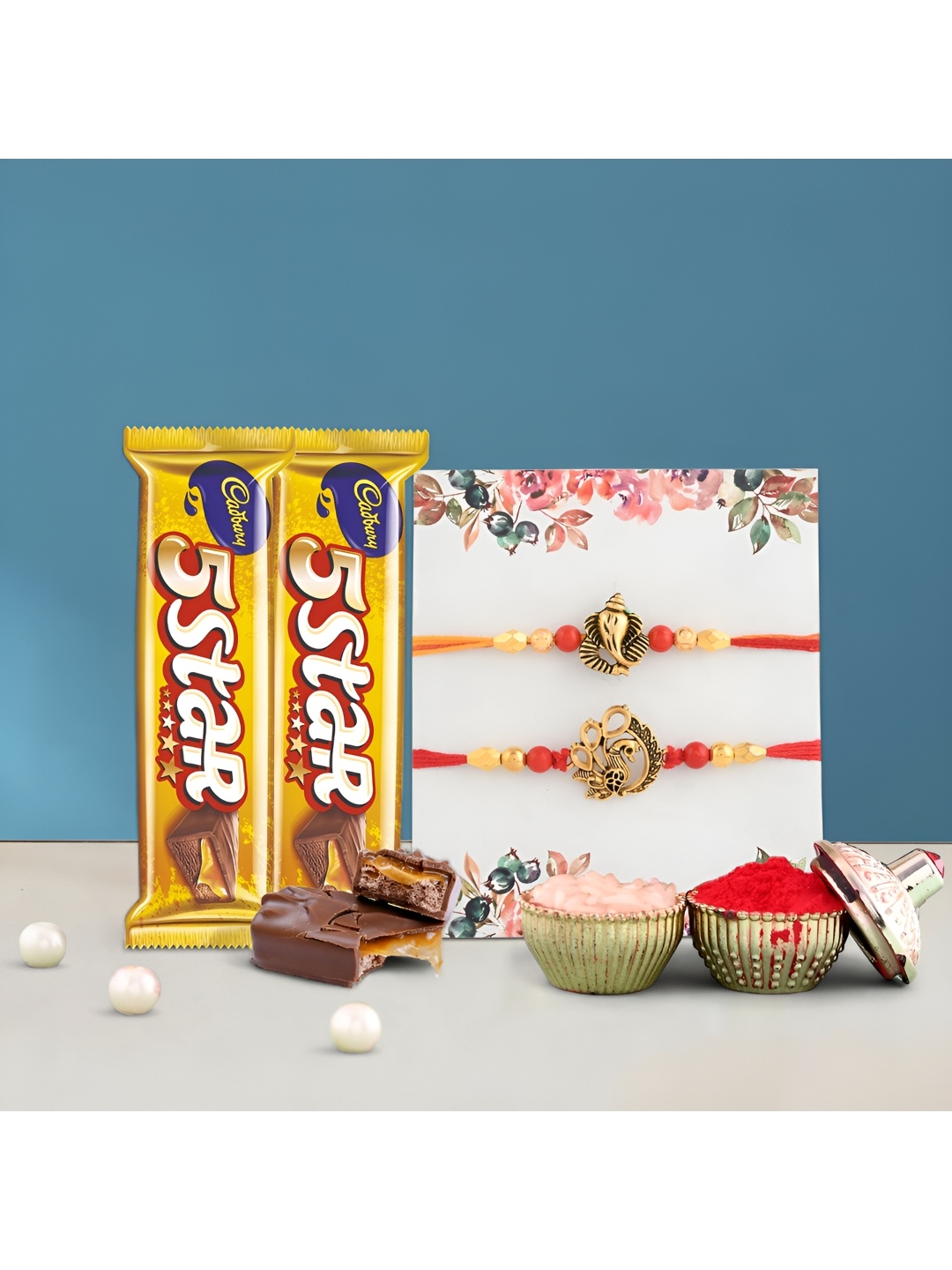

Ascension Set of 2 Beaded Rakhi With Five Star Chocolates & Greeting Card With Roli Chawal, Red