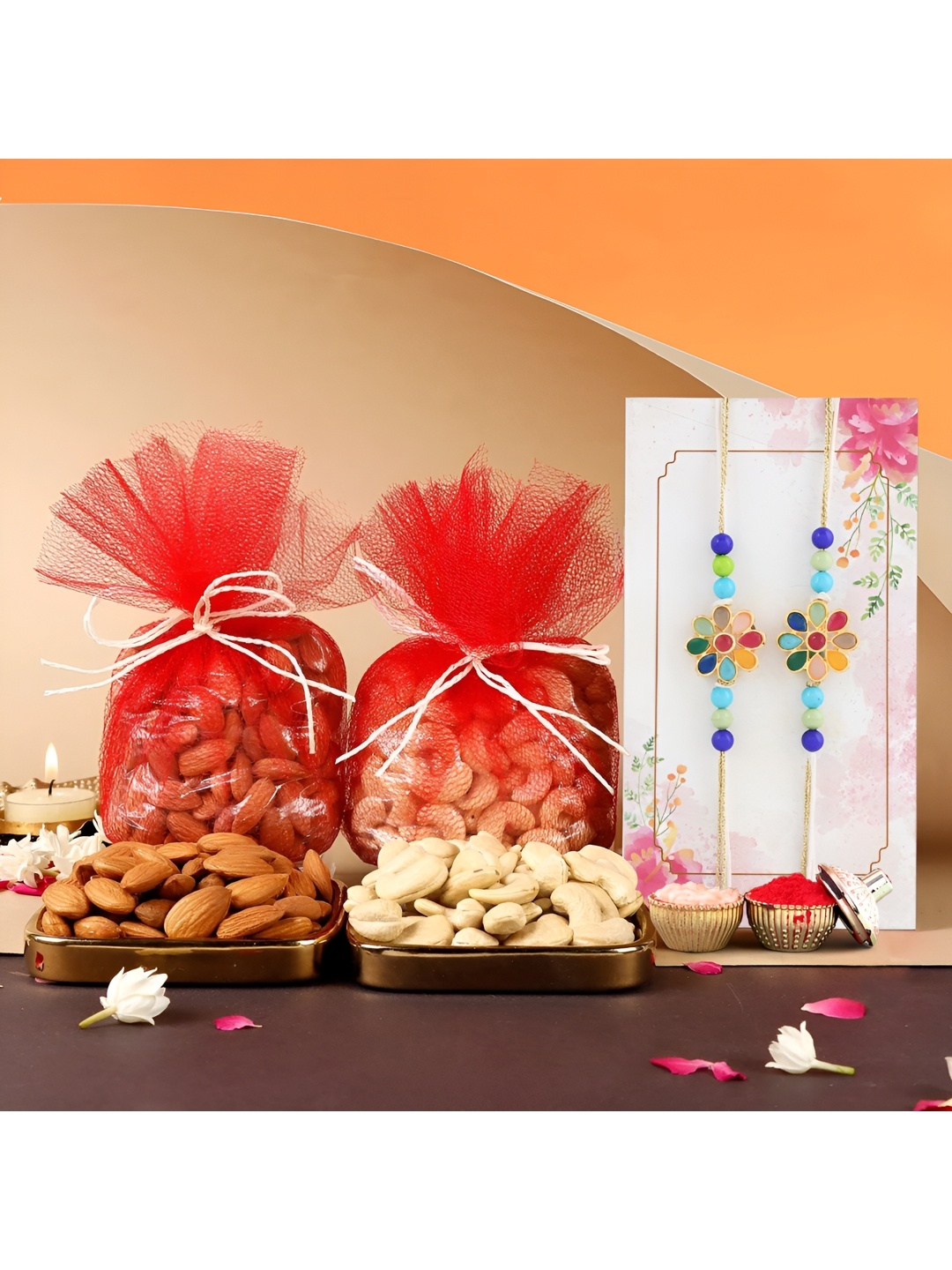 

Ascension Set of 2 Beaded Rakhi With Mix Dry Fruits & Greeting Card With Roli Chawal, White