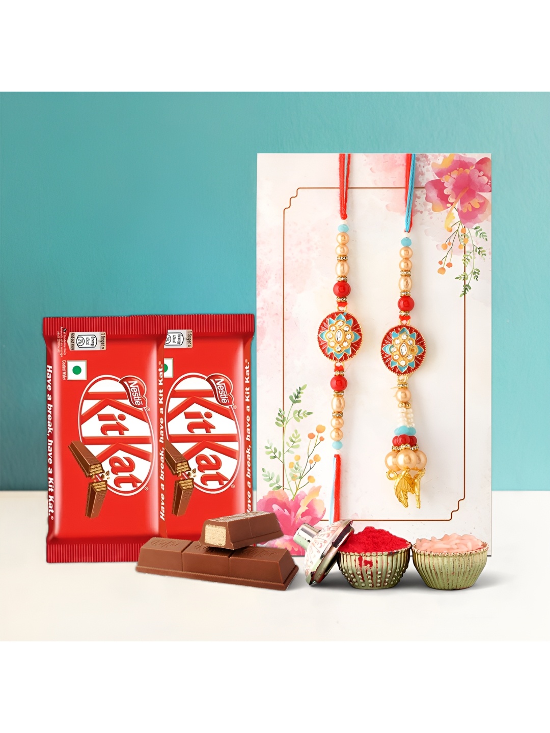 

Ascension Set Of 2 Bhaiya Bhabhi Rakhis With Kitkat Chocolates & Rholi Chawal, Red