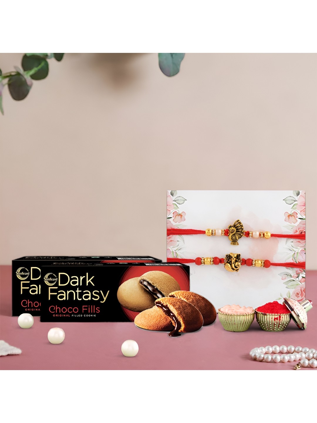 

Ascension Set Of 2 Rakhis With Dark Fantasy Pack & Roli Tilak, White