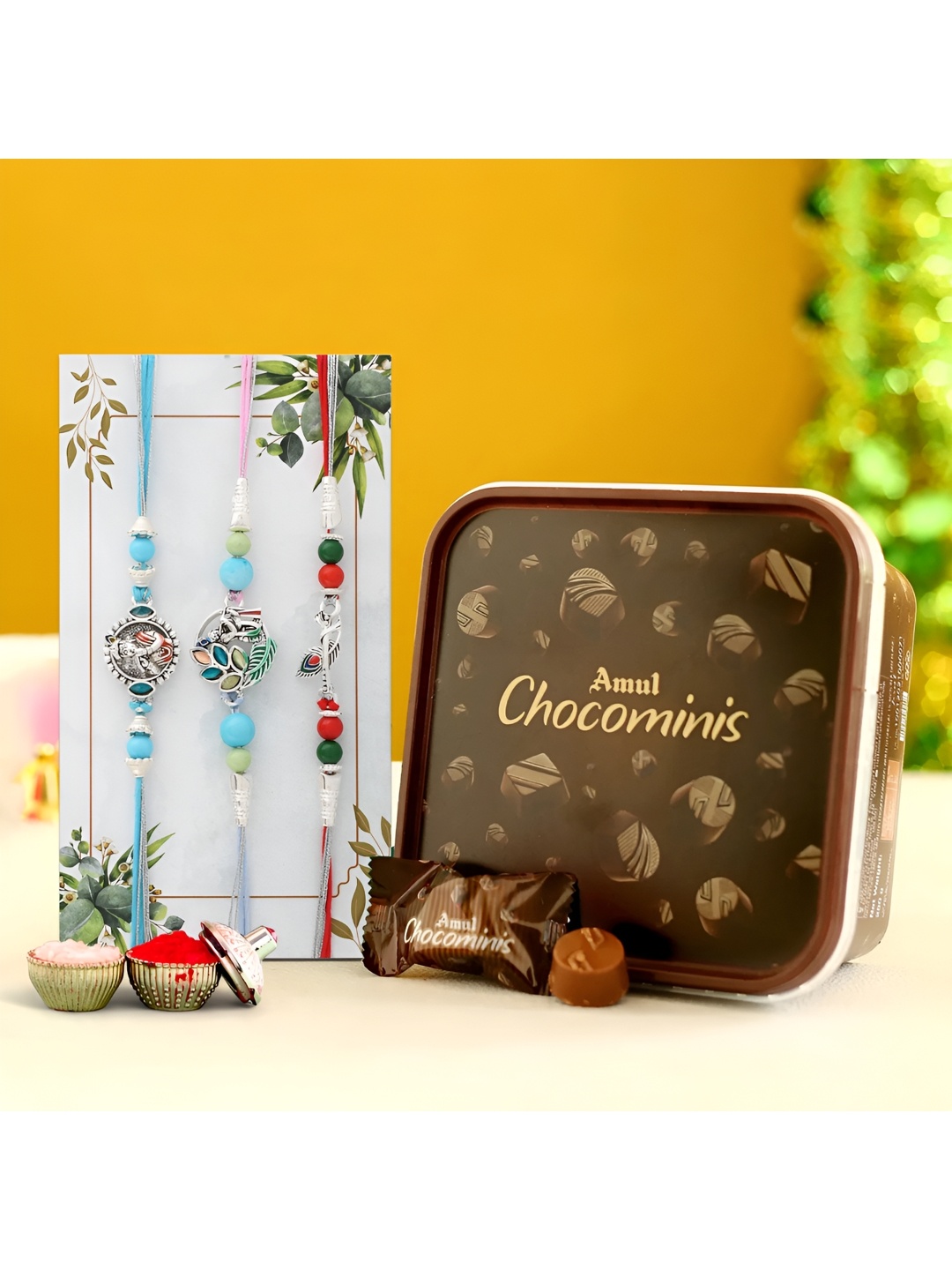 

Ascension Set of 3 Rakhi With Choco Minis Chocolate Set, Blue