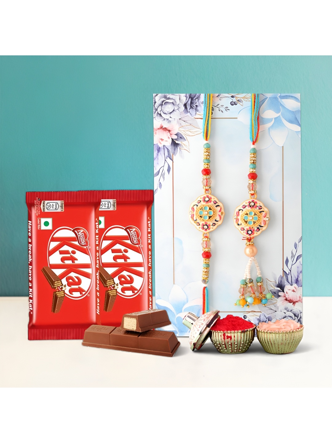 

Ascension Set Of 2 Bhaiya Bhabhi Rakhis With Kitkat Chocolates & Rholi Chawal, Red