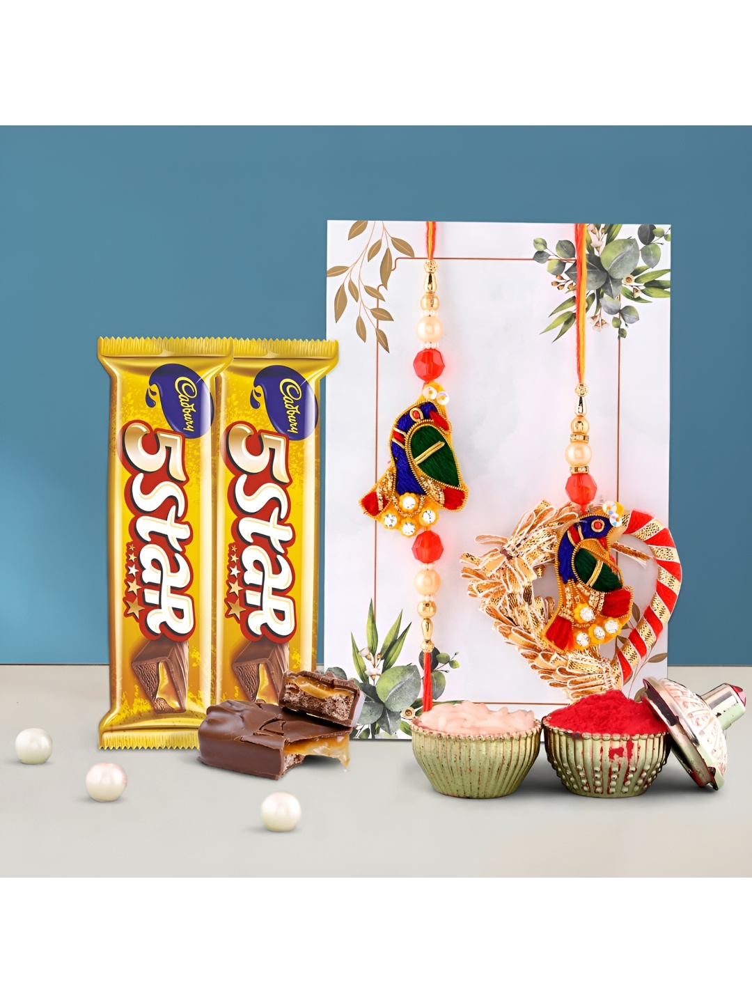 

Ascension Set of 2 Beaded Rakhi With Five Star Chocolates & Greeting Card With Roli Chawal, Orange