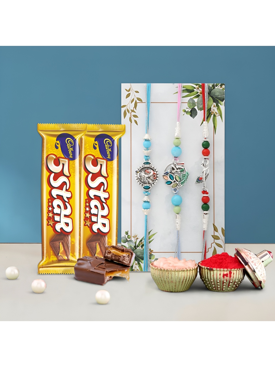 

Ascension Set Of 3 Rakhis With Five Star Chocolates With Rholi Chawal, White