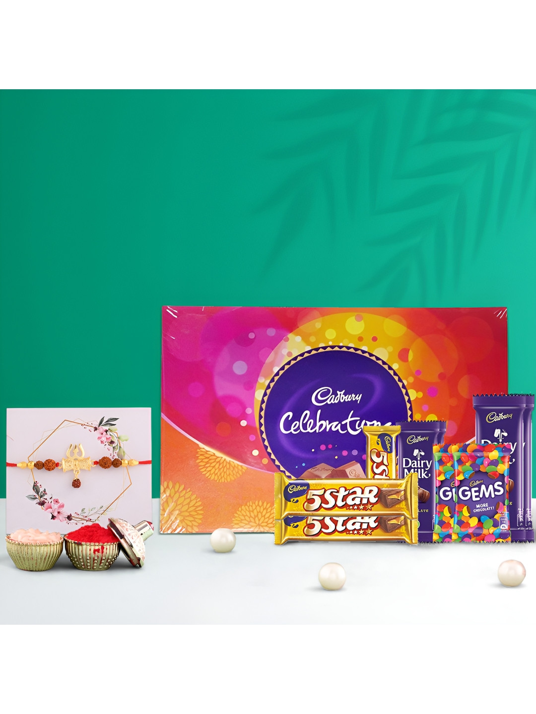 

Ascension Beaded Rakhi With Big Celebration Chocolates & Greeting Card With Roli Chawal, Red