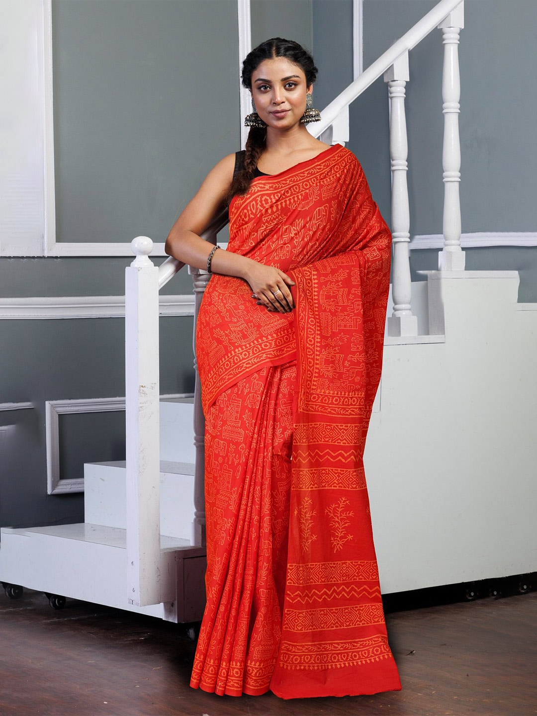 

Unnati Silks Ethnic Motifs Pure Cotton Handloom Block Print Saree, Red