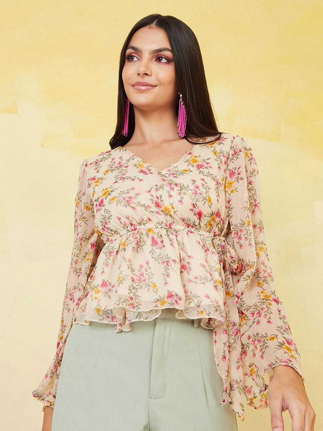

Styli Floral Printed V-Neck Empire Top, Beige