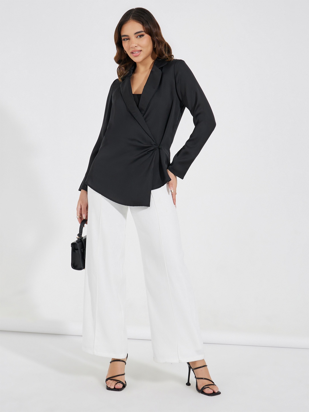 

Styli Solid Lapel Collar Wrap Top, Black