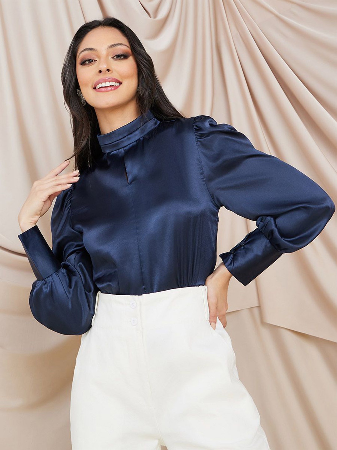 

Styli High Neck Cuffed Sleeves Pleated Top, Navy blue