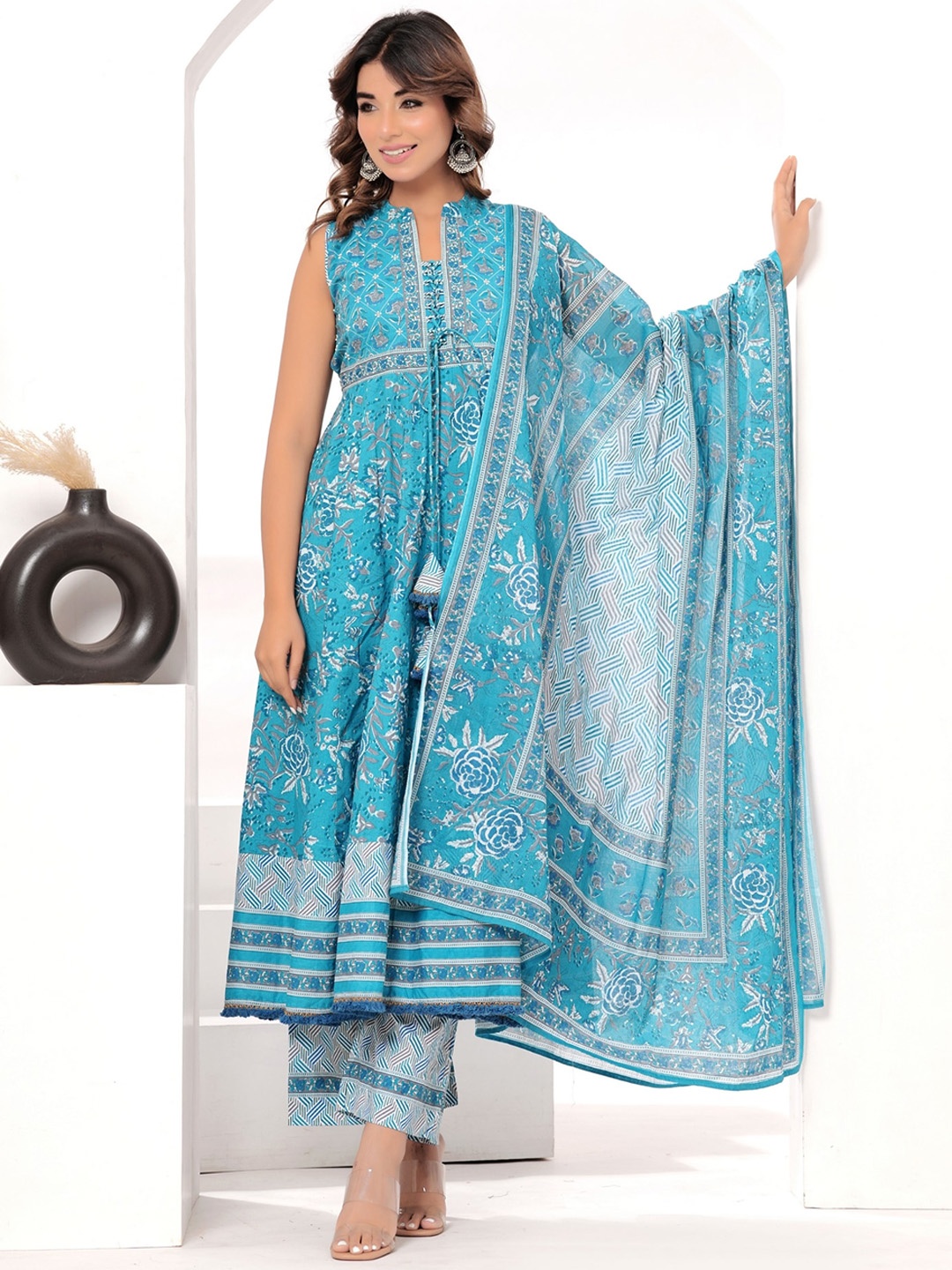 

KALINI Floral Printed Angrakha Zardozi Pure Cotton Anarkali Kurta With Trousers & Dupatta, Blue