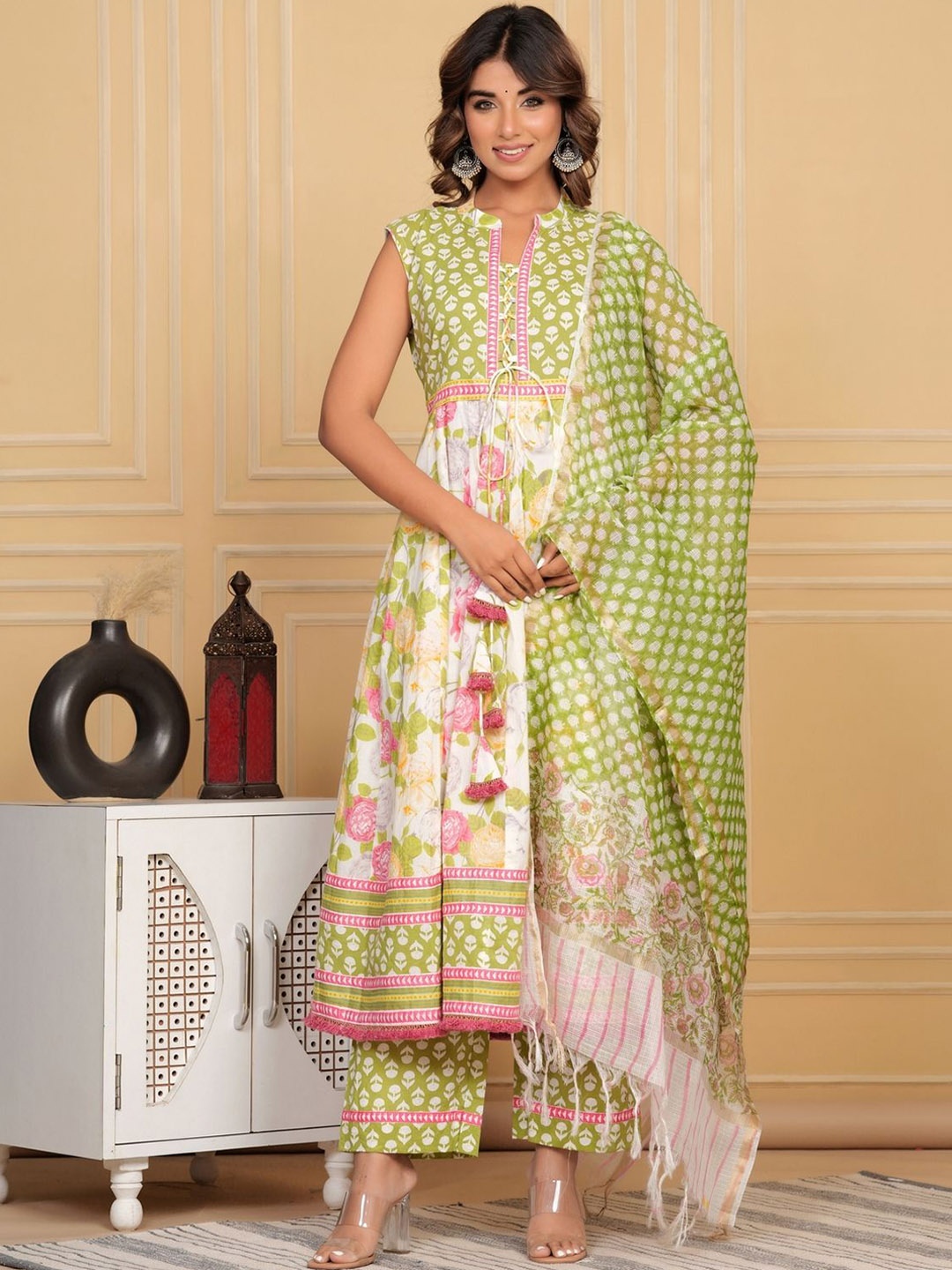 

KALINI Floral Printed Angrakha Zardozi Pure Cotton Kurta ,Trousers & Dupatta, Green