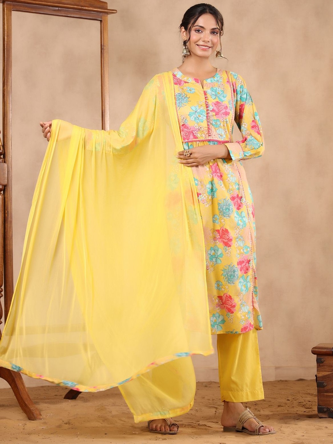 

KALINI Floral Yoke Design Thread Work Pure Cotton Straight Kurta With Trousers & Dupatta, Yellow