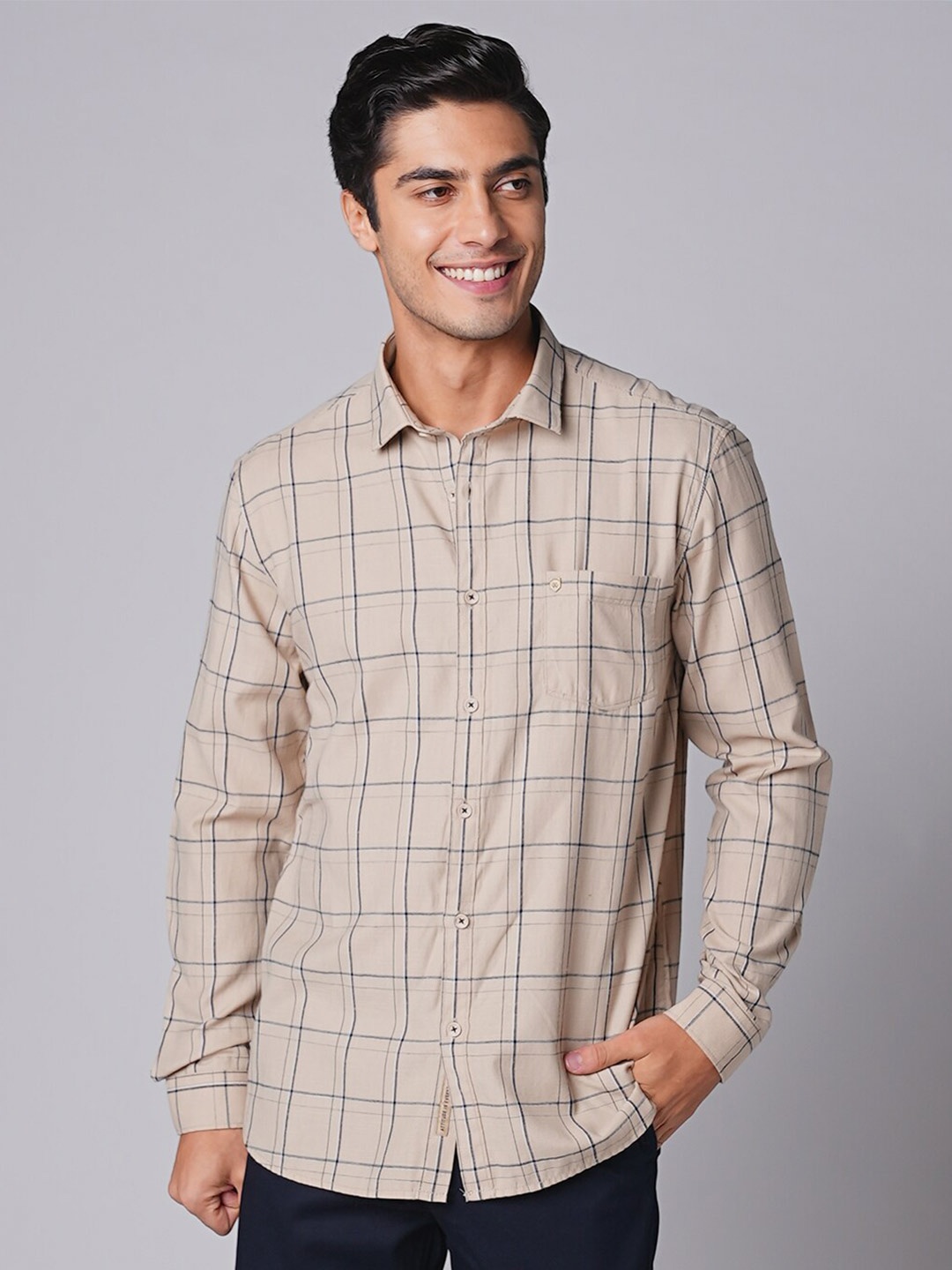 

Oxemberg Men Windowpane Checks Spread Collar Casual Shirt, Beige