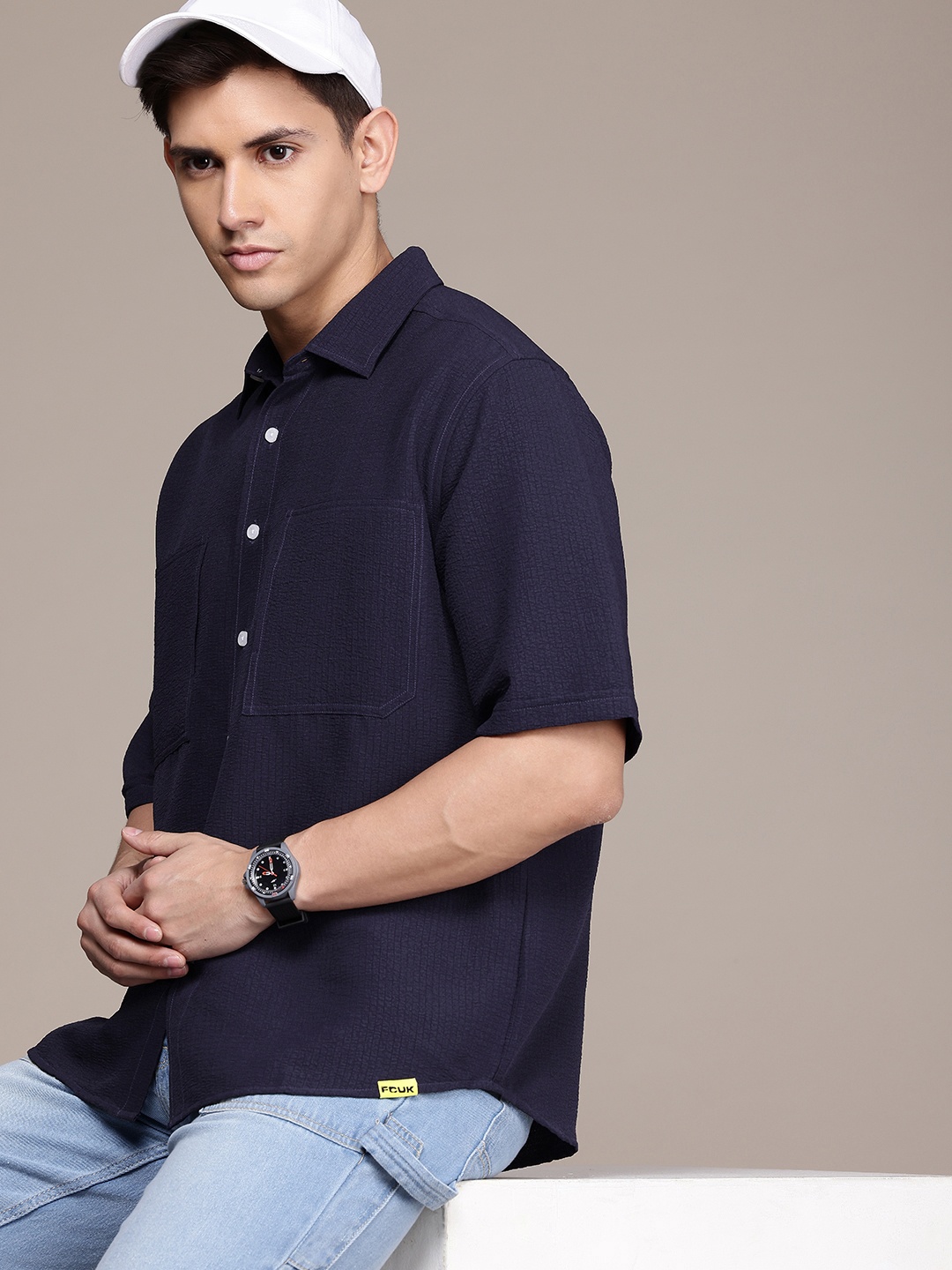 

FCUK Men Premium Oversized Casual Shirt, Navy blue