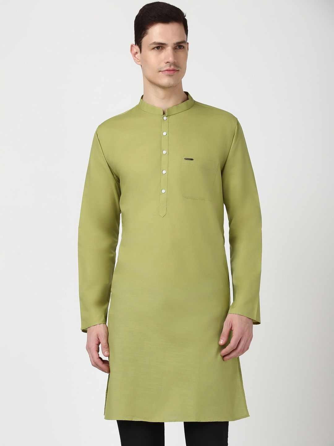 

Peter England Mandarin Collar Long Sleeves Pure Cotton Straight Kurta, Olive