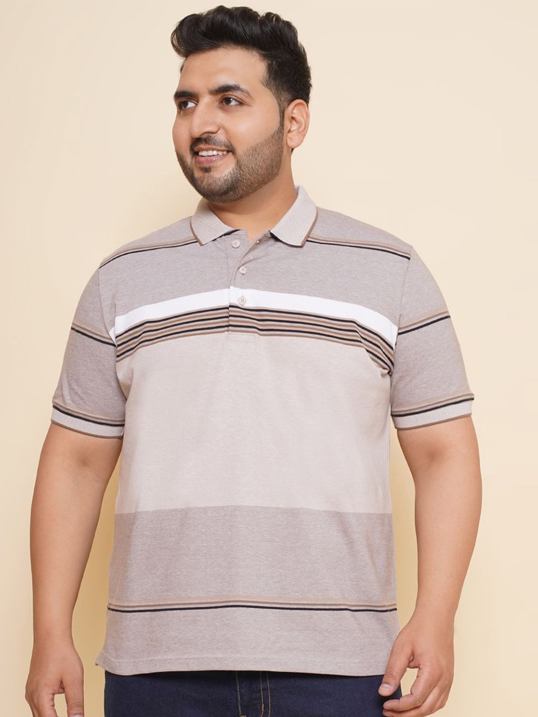 

John Pride Men Striped Polo Collar Plus Size T-shirt, Brown