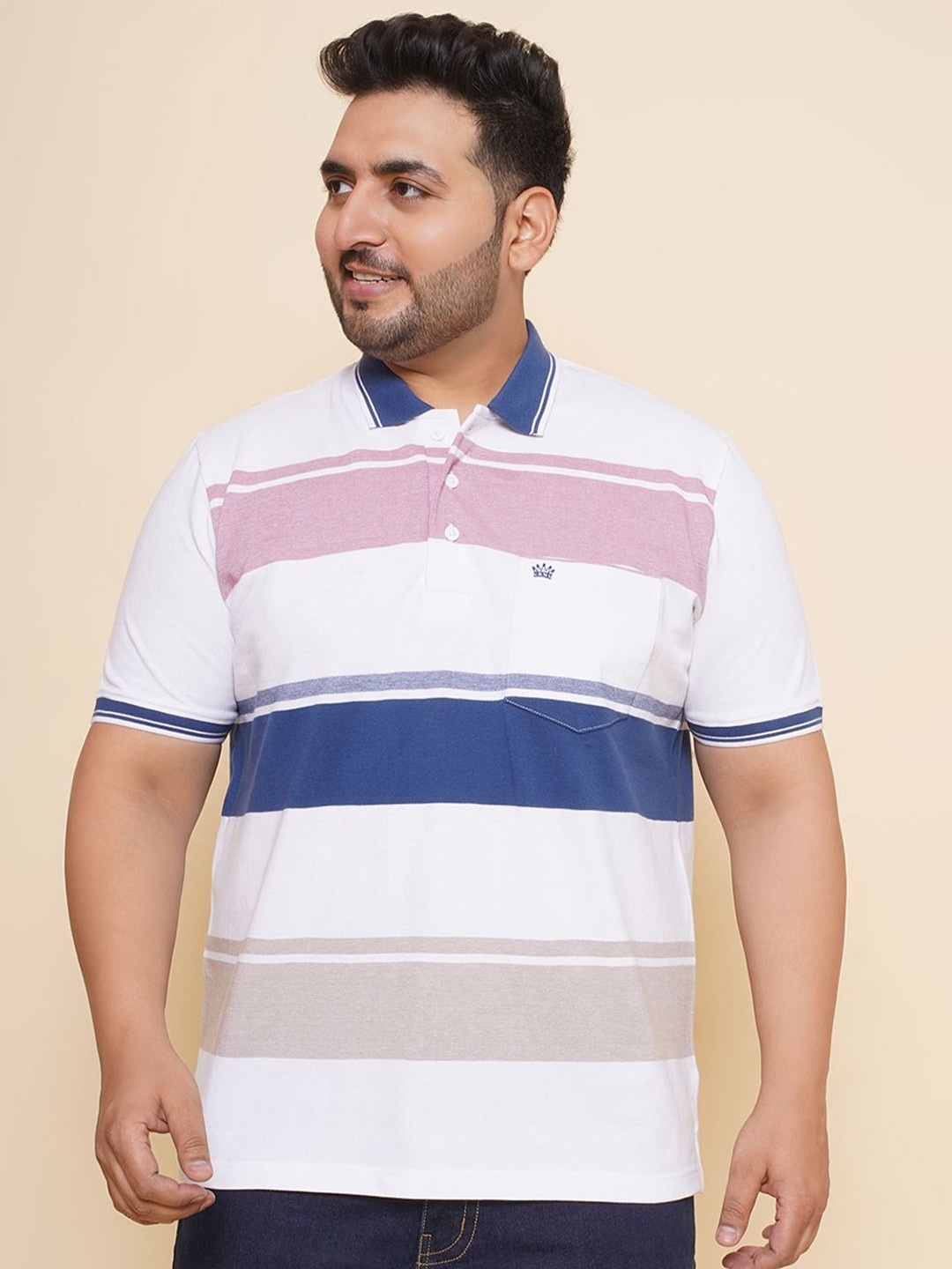 

John Pride Men Striped Polo Collar Pockets Pure Cotton T-shirt, White