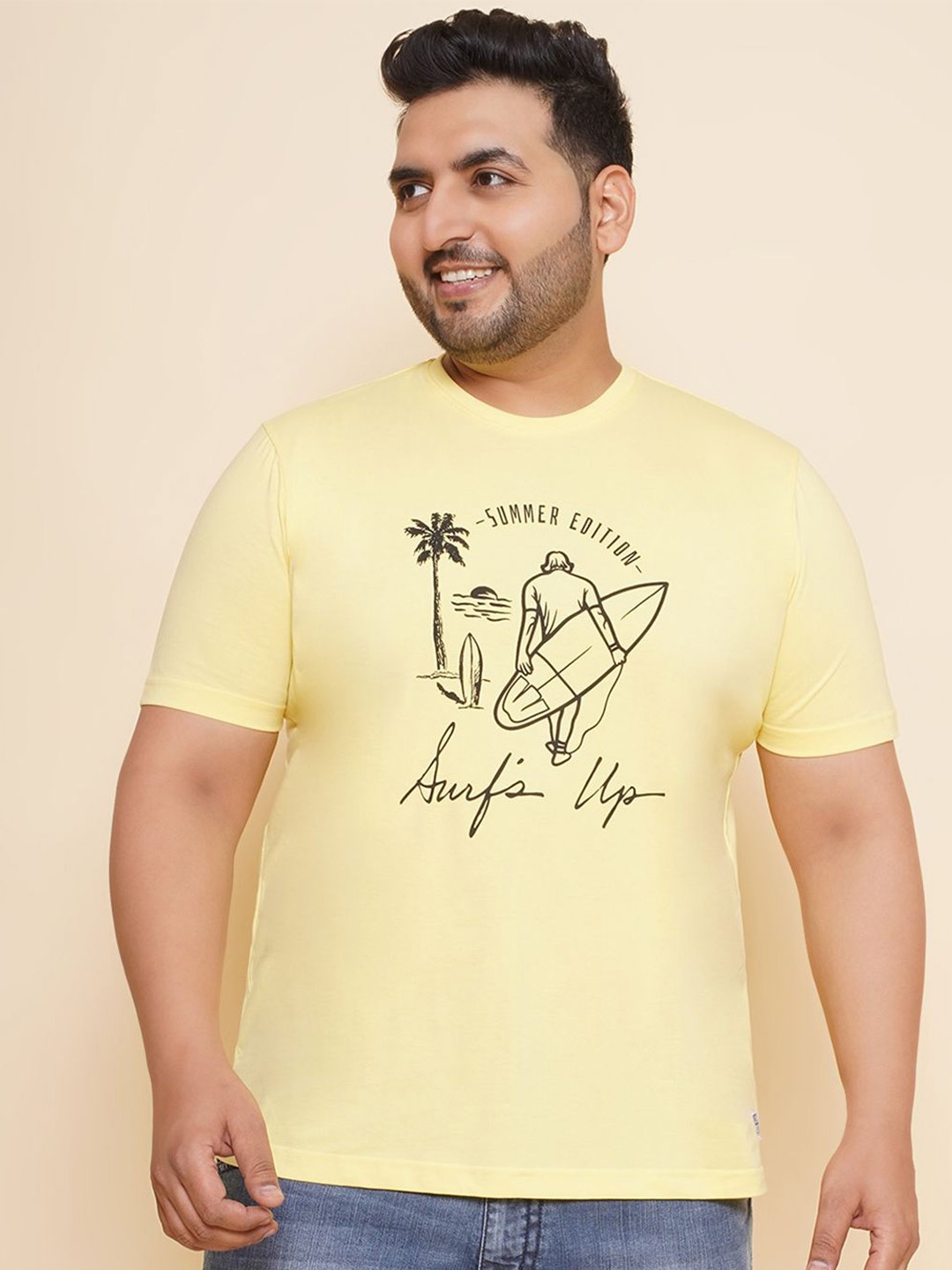 

John Pride Men Graphic Printed Round Neck Plus Size T-shirt, Yellow
