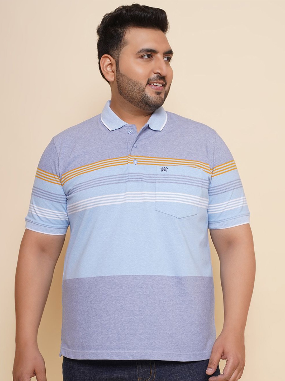 

John Pride Men Plus Size Striped Polo Collar Pocket T-shirt, Blue