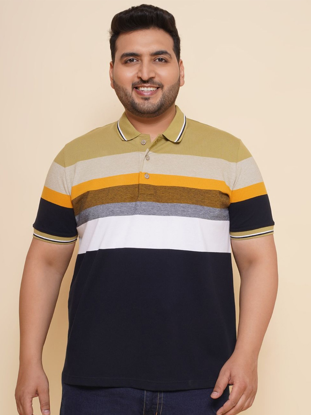 

John Pride Men Plus Size Striped Polo Collar Cotton T-shirt, Navy blue