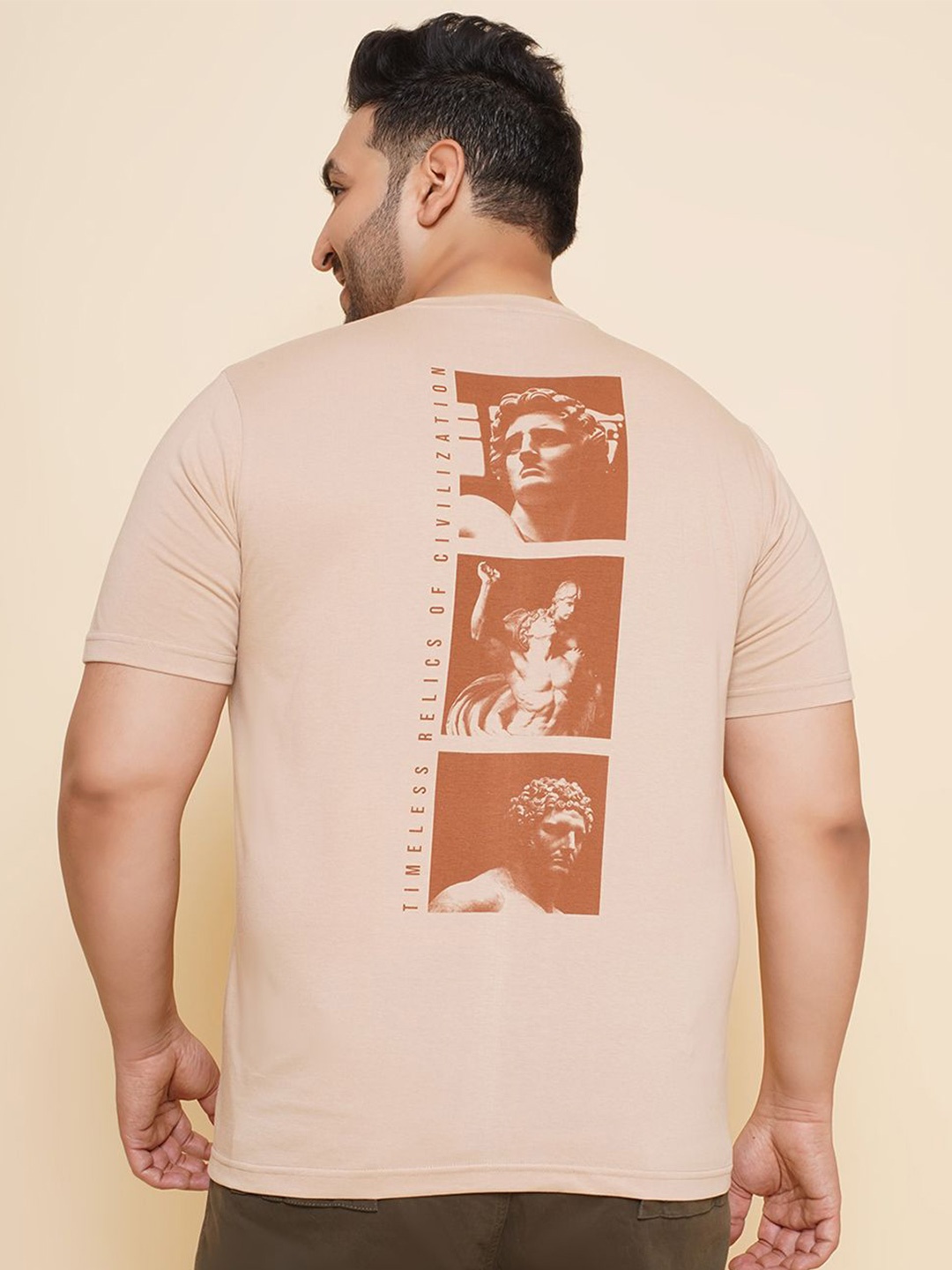 

John Pride Men Graphic Printed Round Neck Plus Size Pure Cotton T-shirt, Beige