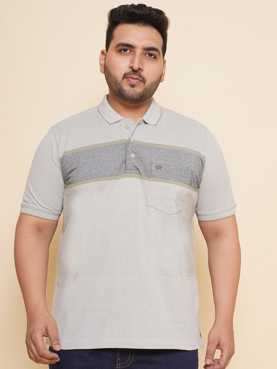 

John Pride Men Plus Size Colourblocked Polo Collar Pocket Cotton T-shirt, Grey