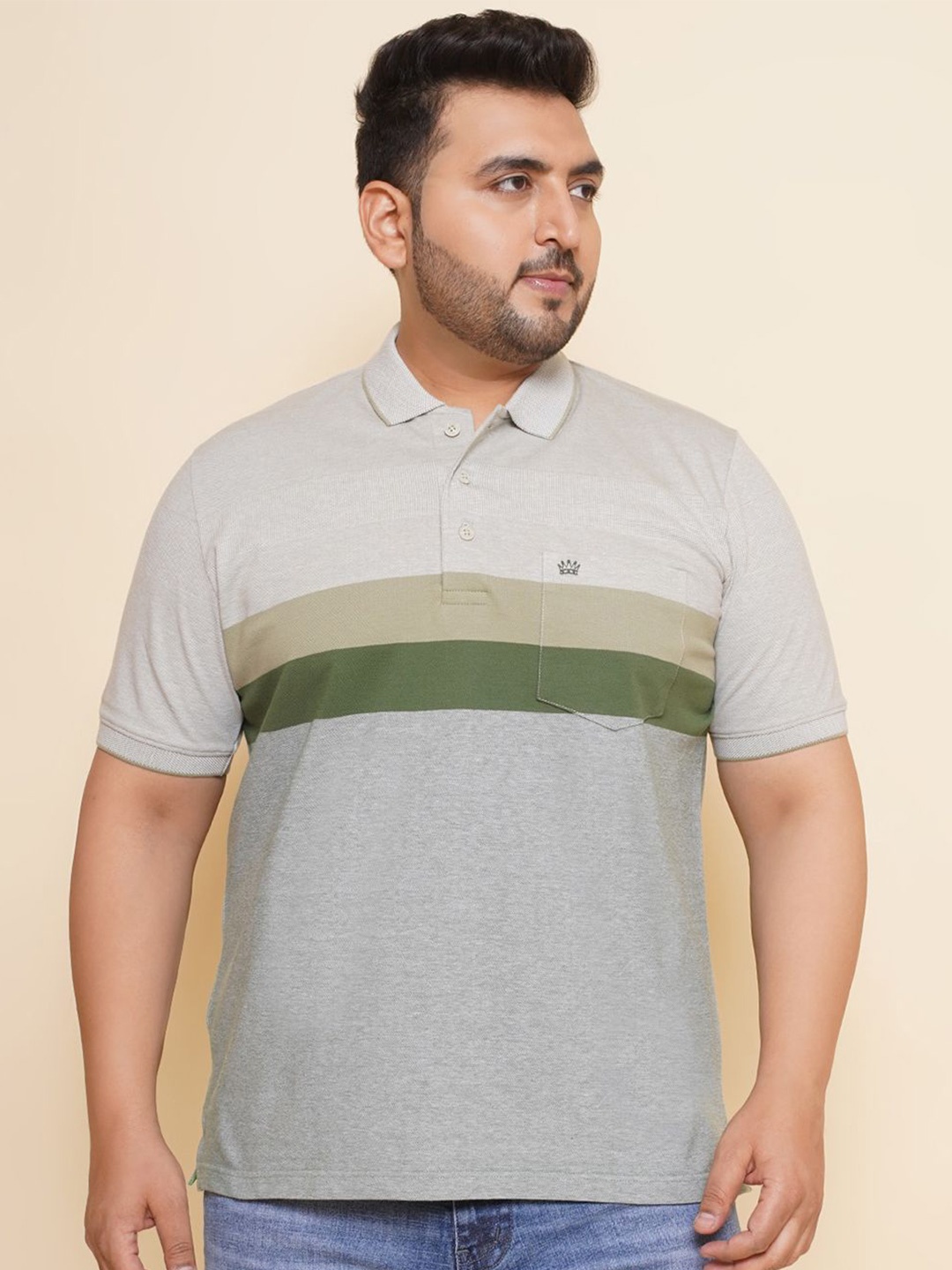 

John Pride Men Plus Size Colourblocked Polo Collar Pocket T-shirt, Green