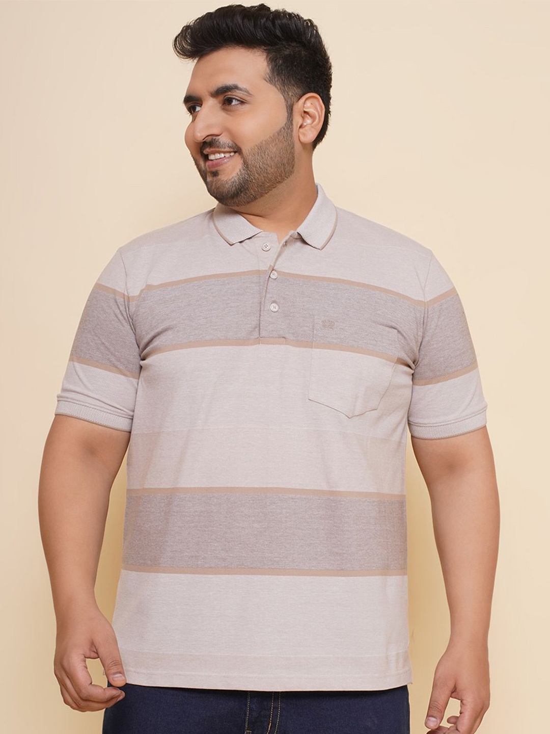 

John Pride Men Striped Polo Collar Plus Size T-shirt, Brown
