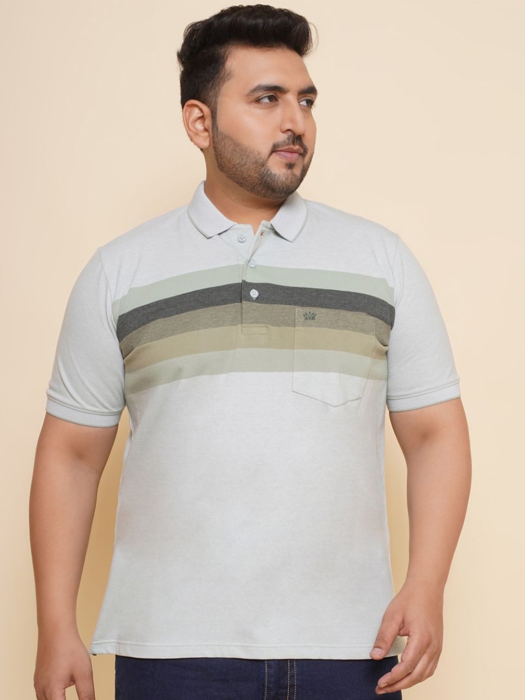 

John Pride Men Plus Size Striped Polo Collar Pocket T-shirt, Green