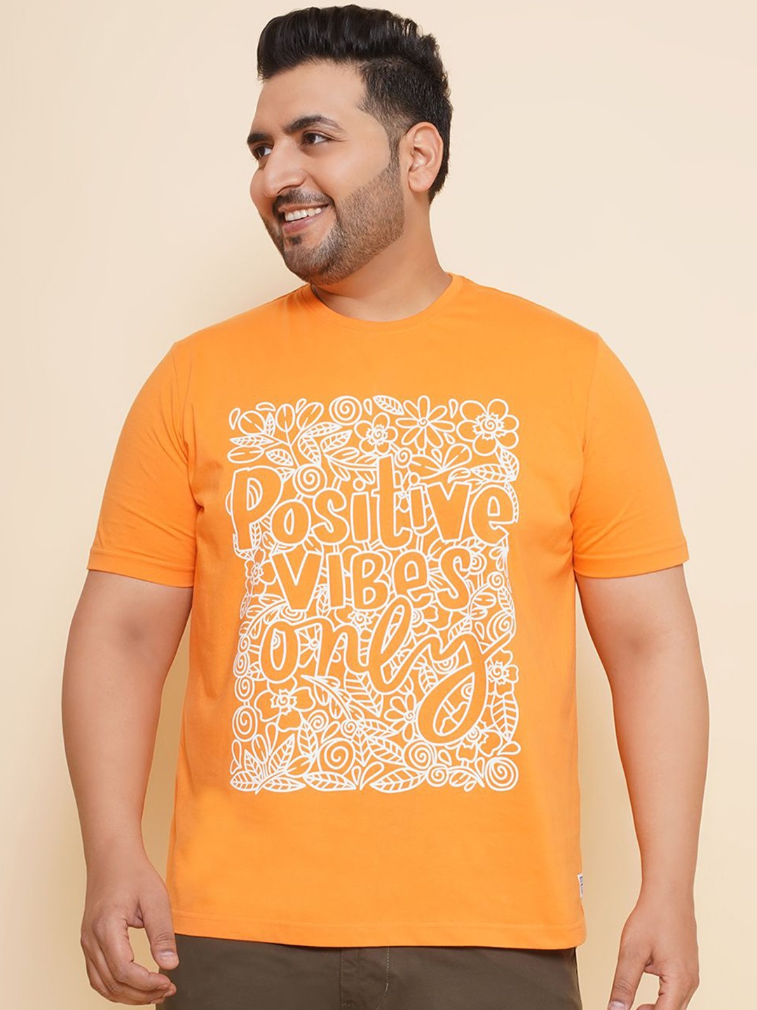 

John Pride Men Plus Size Typography Printed Round Neck Cotton T-shirt, Orange