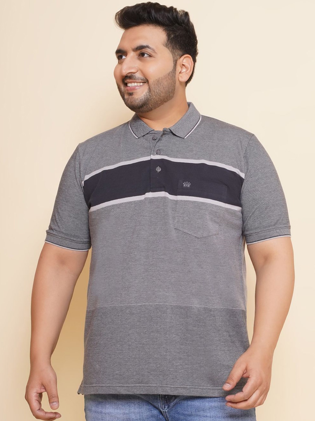

John Pride Men Striped Polo Collar Plus Size Pure Cotton T-shirt, Grey