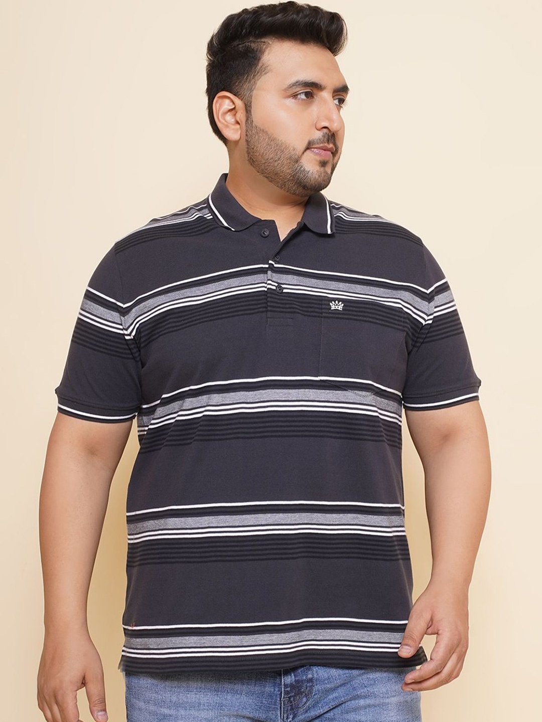 

John Pride Men Striped Polo Collar Plus Size Pure Cotton T-shirt, Navy blue