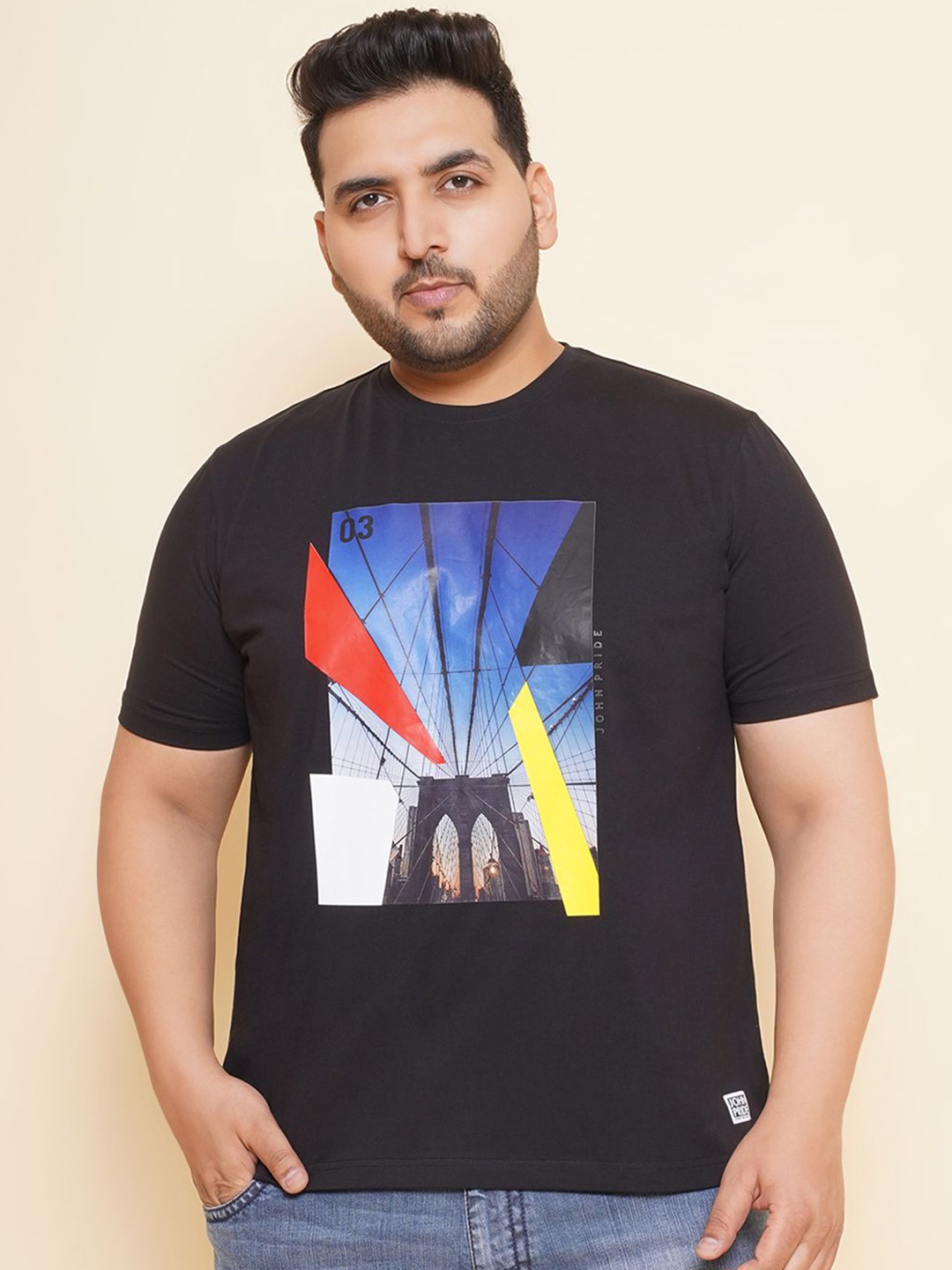 

John Pride Men Plus Size Graphic Printed Round Neck T-shirt, Black