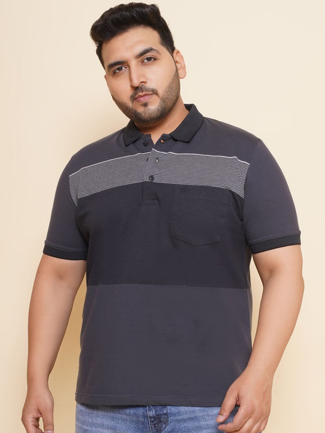 

John Pride Men Plus Size Colourblocked Polo Collar Pocket T-shirt, Grey