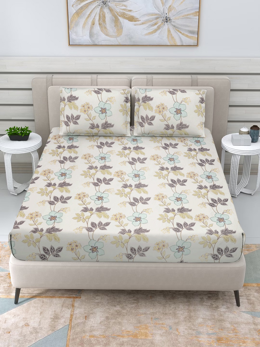 

FABINALIV Blue & Beige Floral 300 TC King Bedsheet With 2 Pillow Covers