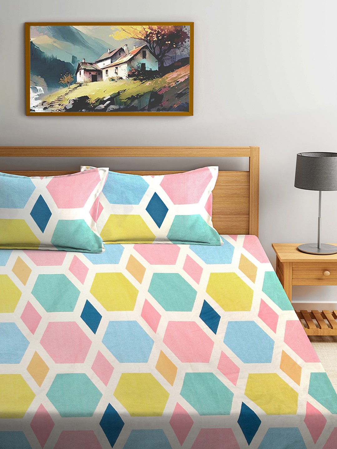 

FABINALIV Blue & Yellow Geometric 300 TC King Bedsheet With 2 Pillow Covers