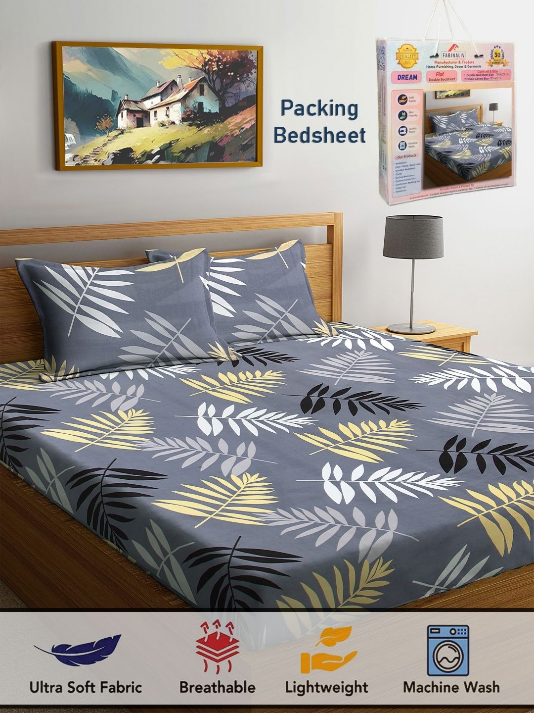 

FABINALIV White & Grey Printed 300 TC King Bedsheet With 2 Pillow Covers