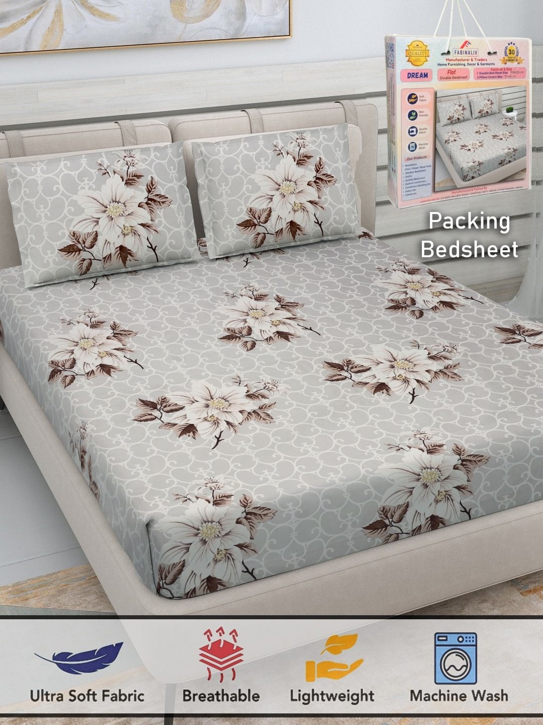 

FABINALIV Grey & White Floral Cotton 300 TC King Bedsheet with 2 Pillow Covers