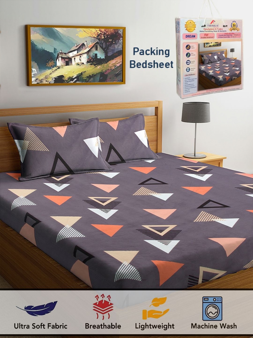 

FABINALIV Grey & Orange Geometric 300 TC King Bedsheet with 2 Pillow Covers