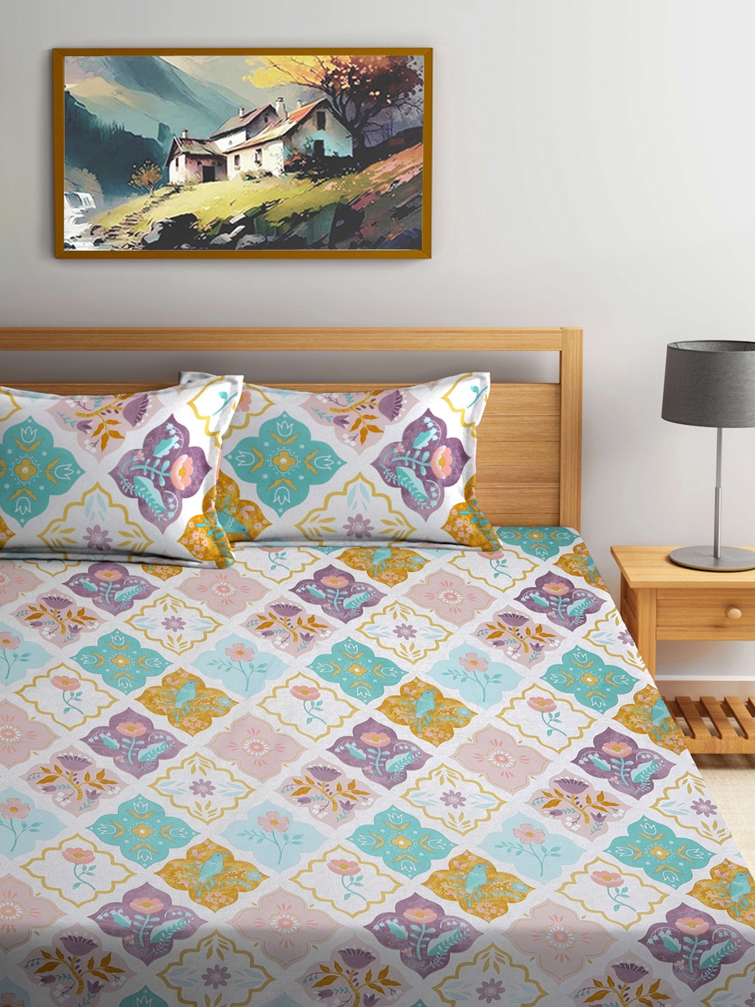

FABINALIV Blue & White Geometric 300 TC King Bedsheet with 2 Pillow Covers
