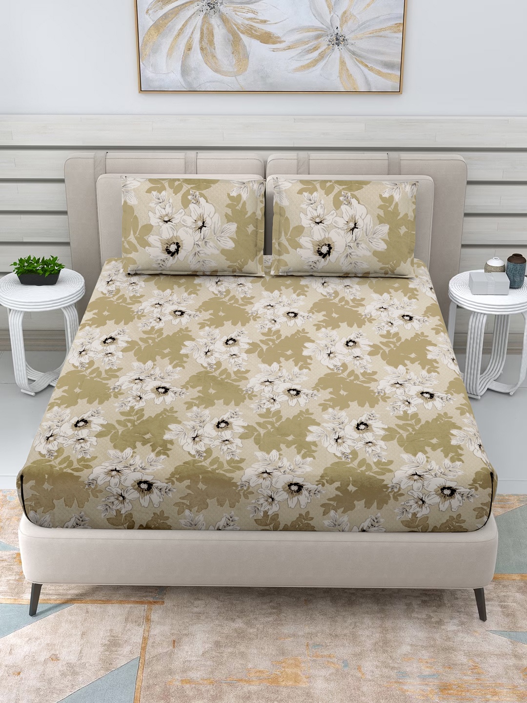 

FABINALIV White & Green Floral Printed 300 TC King Bedsheet With 2 Pillow Covers