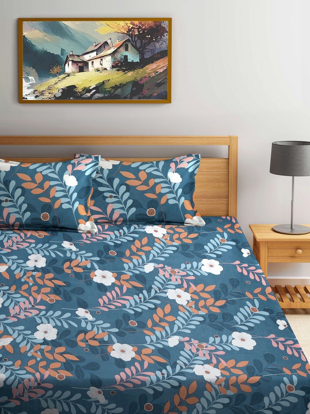 

FABINALIV Blue & White Floral 300 TC King Bedsheet With 2 Pillow Covers