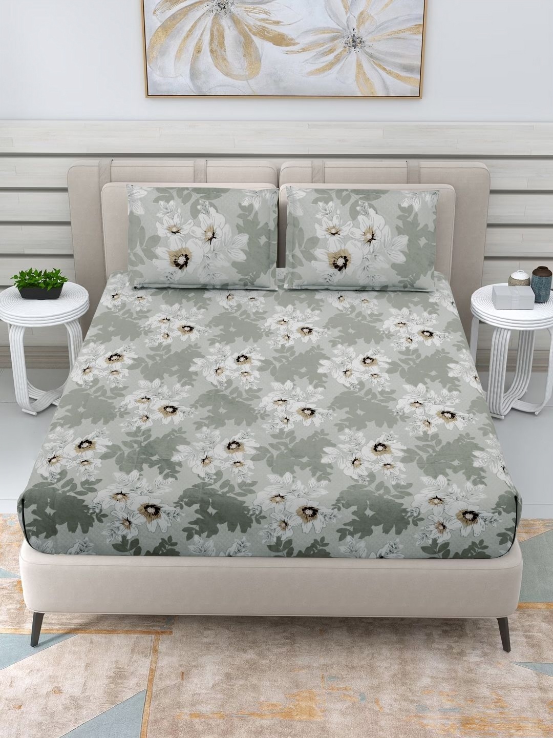 

FABINALIV Green & White Floral 300 TC King Bedsheet With 2 Pillow Covers