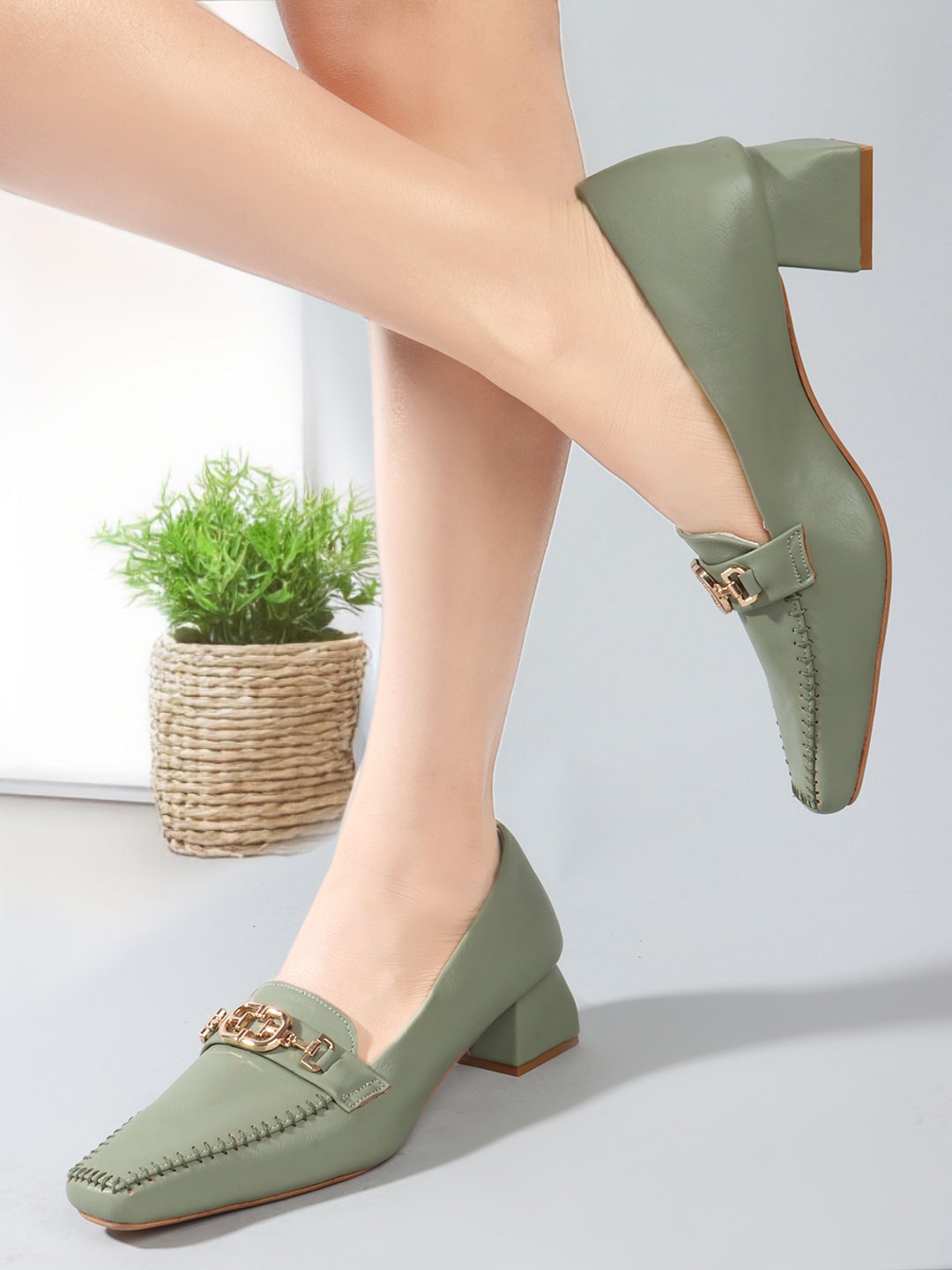 

ELLE Square Toe Block Pumps Heels, Green